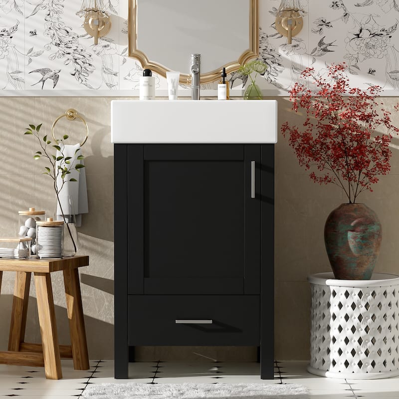 Minimalist Design Storage Cabinet Bathroom Vanity with Drop-In Ceramic Sink, Drawer, Silver Metal Handles and Plastic Feet Pads - Black