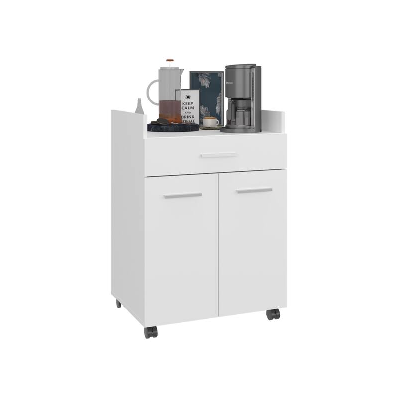 Kitchen Cart, 2 Doors, 1 Drawer, 4 Wheels, 2 Shelves, White with durable engineered wood construction