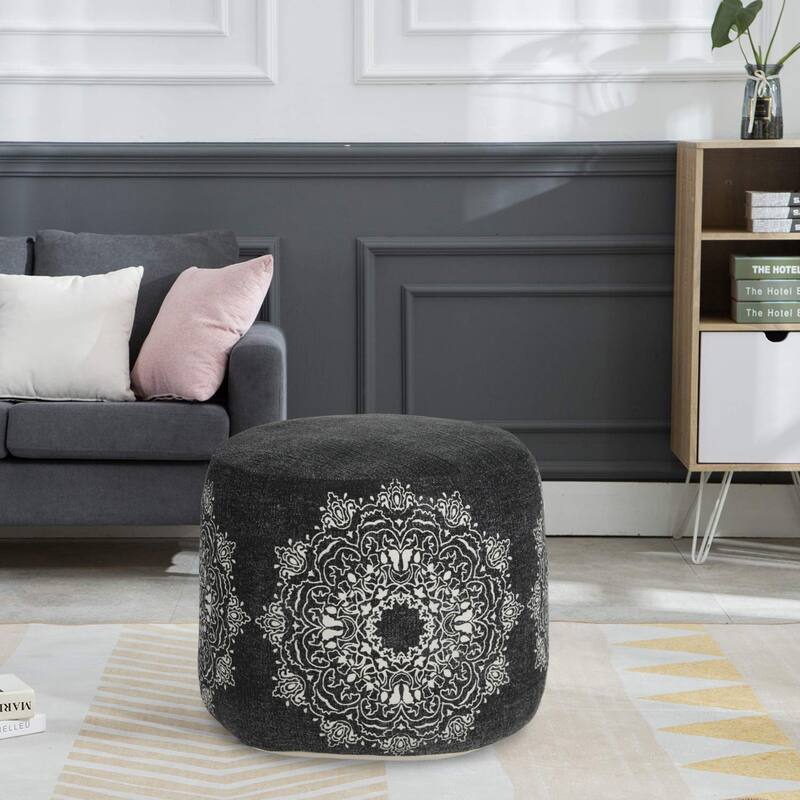 18 Inch Black Cotton Pouf Ottoman with Floral Medallion Pattern