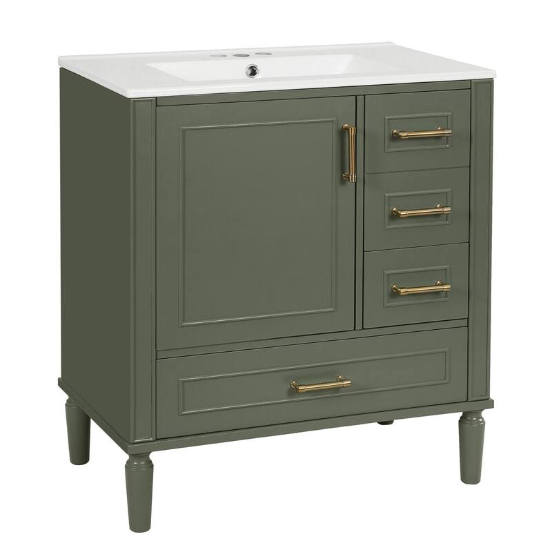 30" Ceramic Sink Bathroom Vanity with Gold Handles, Soft-Close Storage & Space-Saving Design