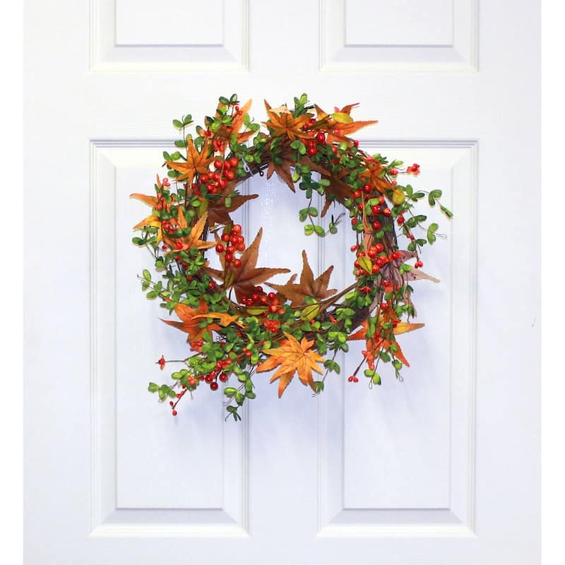 22" Fall Berry & Maple Leaf Wreath on Natural Twig Base