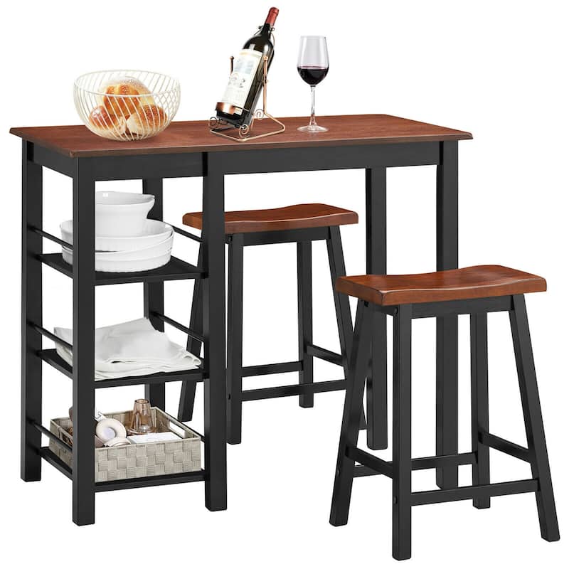 Gymax 3-Piece Counter Height Dining Table Set w/2 Saddle - Walnut + Black - See Details