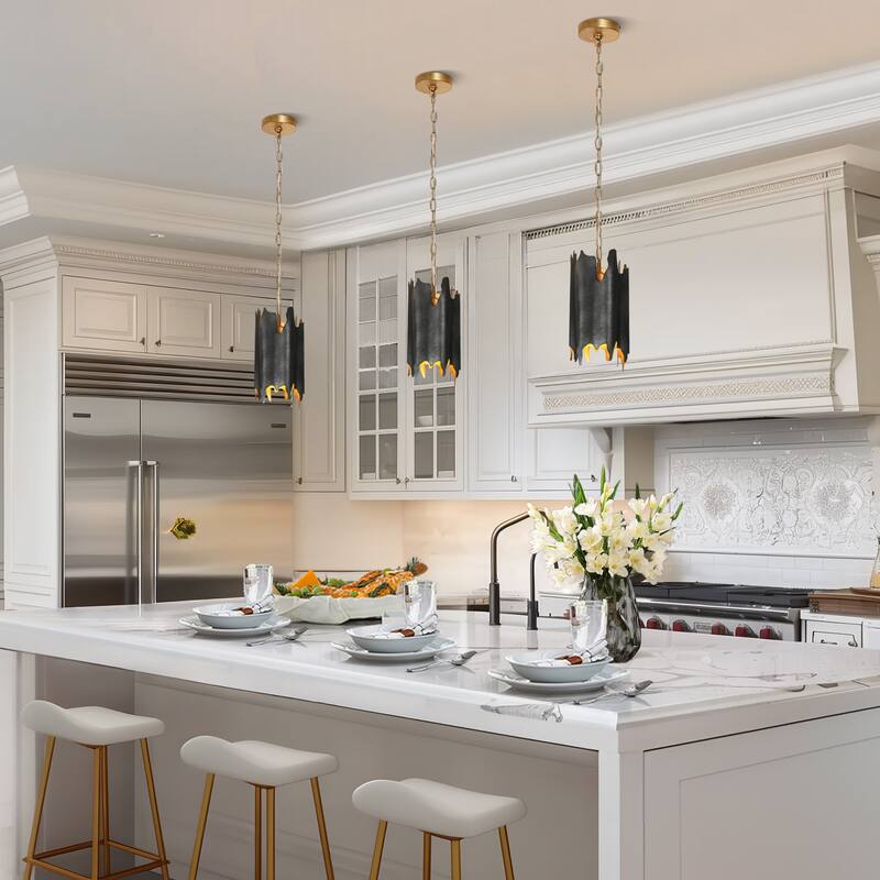 Modern 1-Light Black Gold Irregular Drum Pendant with Adjustable Chain for Kitchen Island