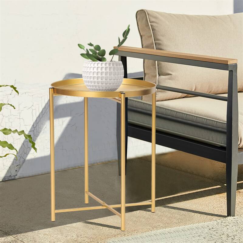 Adeco Gold End Table Metal Waterproof Snack Beside Table Accent Coffee Table - 16.9""(D)x 16.9""(W)x 20.5""(H)