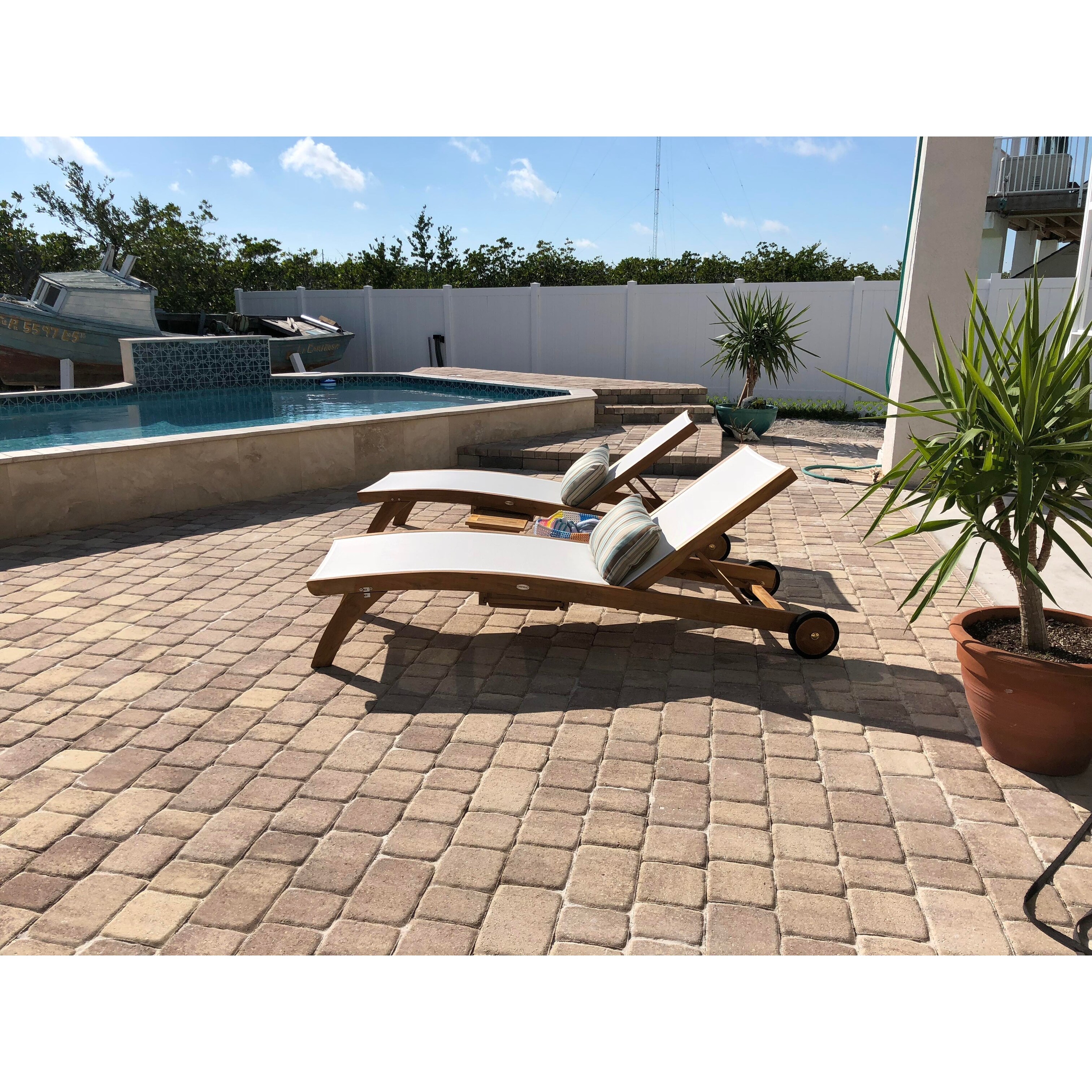 Chic Teak Bahama Teak Wood Pool Lounger With Batyline Mesh White Overstock 31292319