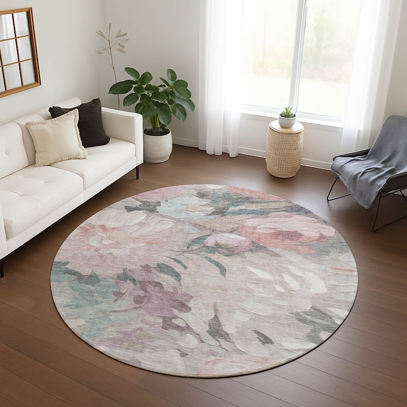 Machine Washable Indoor/ Outdoor Watercolor Floral Chantille Rug