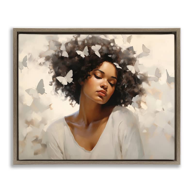 Stupell Woman with White Butterflies Framed Floater Canvas Wall Art Design By Arlington Prints - 31 x 25 - Brown