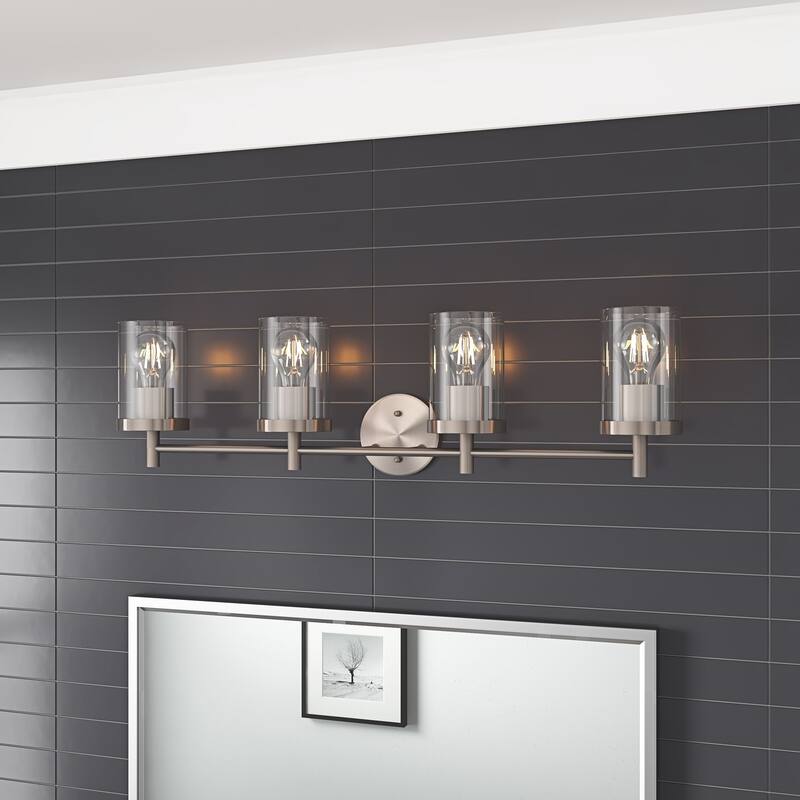Brushed Nickel 4-Light Cylinder Glass Shade Vanity Light for Bathroom