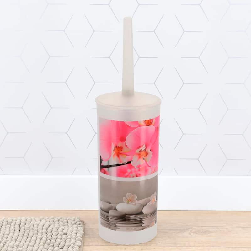 Orchid Print Plastic Toilet Brush and Holder Set - 3.8" L x 3.8" W x 13.8" H
