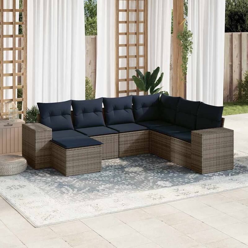 vidaXL 7/8 Piece Patio Sofa Set with Cushions Black/Brown/Gray Poly Rattan - 24.4 x 24.4 x 27.2