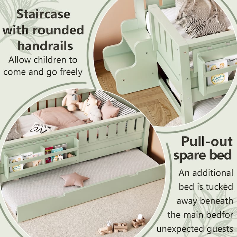 Roomfitters Floor Bed with Bookshelf and Trundle, Low Profile Frame with Step Entry