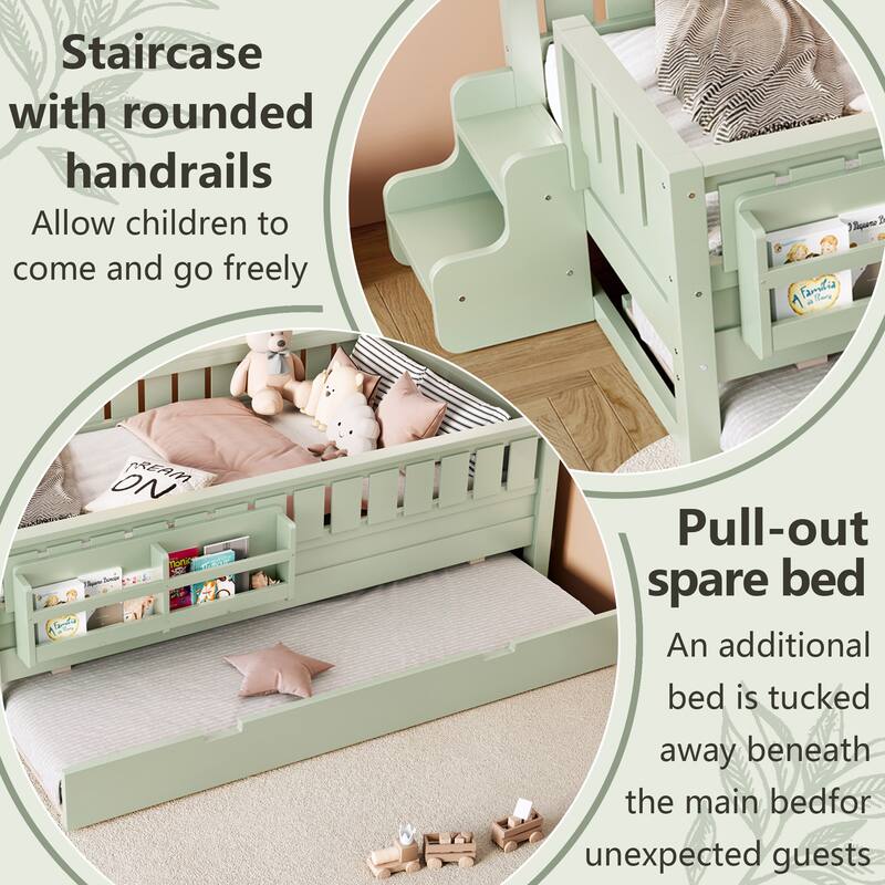 Twin with Built-in Bookshelves and Small Staircase, High-Quality Safety Rails, and Trundle