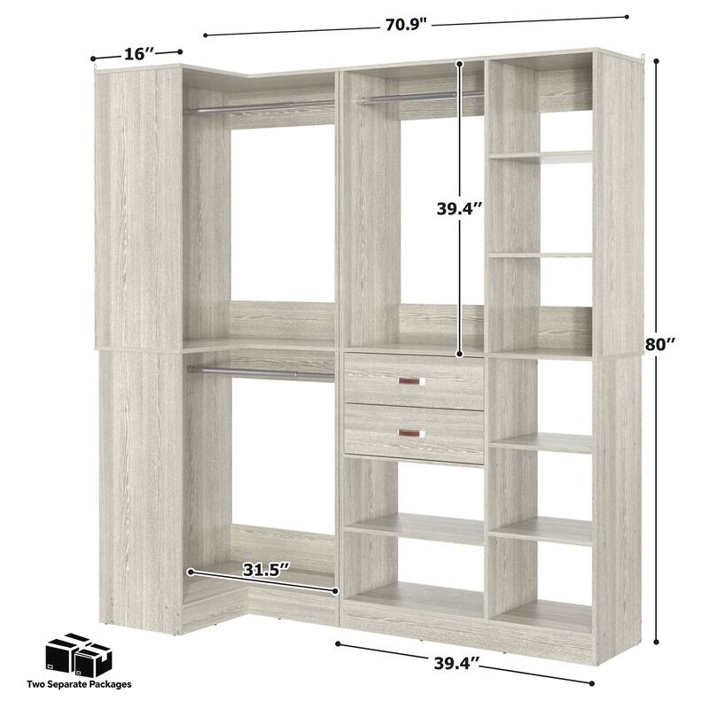 Vryon Set of 2 Corner Closet Organizer, 70.9'' W Closet System with Drawers and Hanging Rods