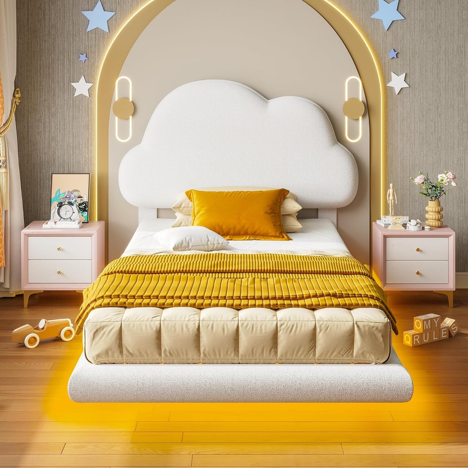 Floating Twin Bed Frame with LED Lights, Upholstered Headboard & Wooden Slats, No Box Spring Needed, White