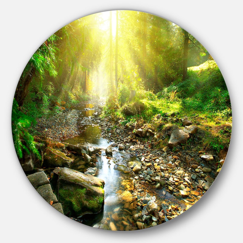 Designart 'Mountain Stream in Forest' Landscape Photo Round Wall Art - 11 x 11 - disc of 11 inch