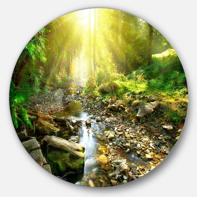 Designart 'Mountain Stream in Forest' Landscape Photo Round Wall Art