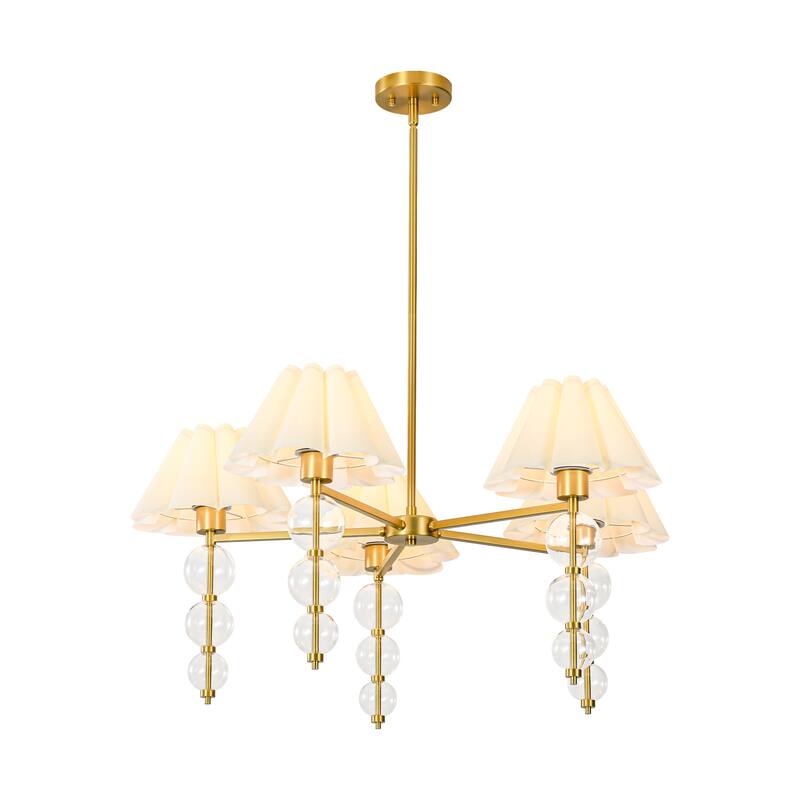Rennnsan 5-Light 35 in. Transitional Gold Chandelier with Clear Glass Orbs and Fabric Shades - 34.6 in. Dia x 16.1 in. H