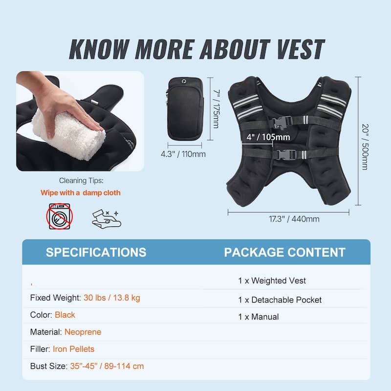 Black Neoprene Weighted Vest 30lbs with Pockets and Reflective Strips