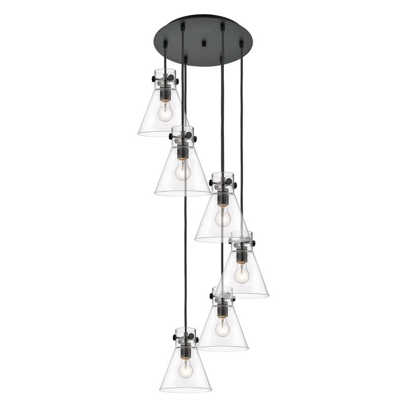 Innovations Lighting Newton Cone - 6 Light 8" Cord Hung Multi Pendant - 14" Canopy - Clear/Matte Black