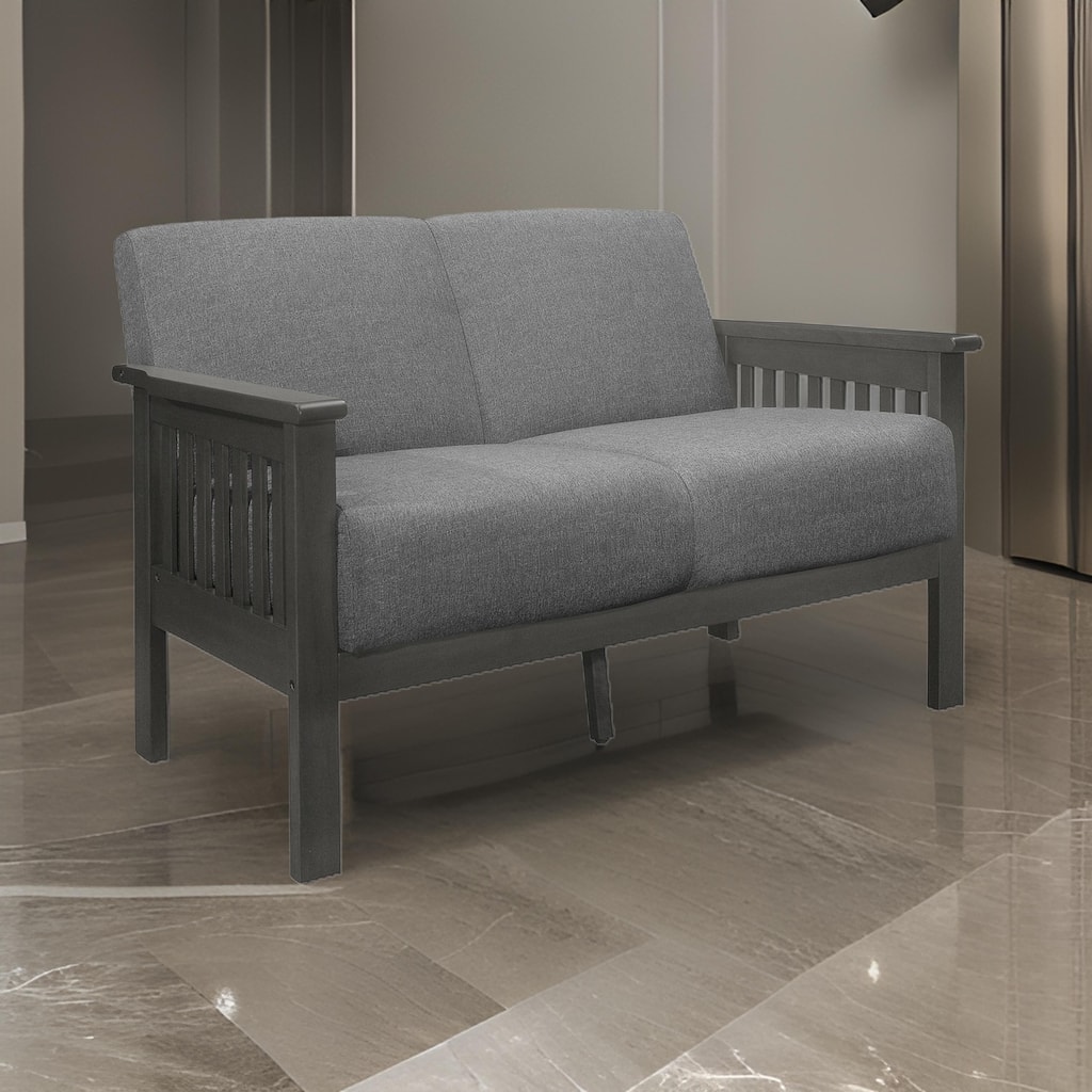 Wiston 50 Inch Loveseat, Gray Polyester, Dark Gray Solid Rubberwood