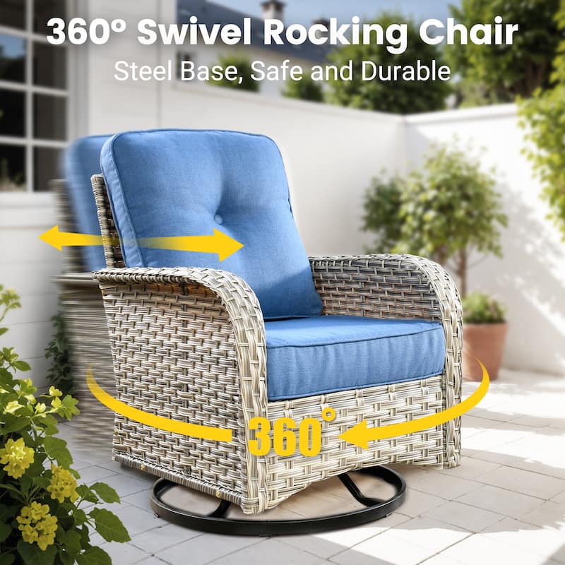 OVIOS 10 Pieces Outdoor Wicker Swivel Chair Set With Solar-Powered Coffee Table