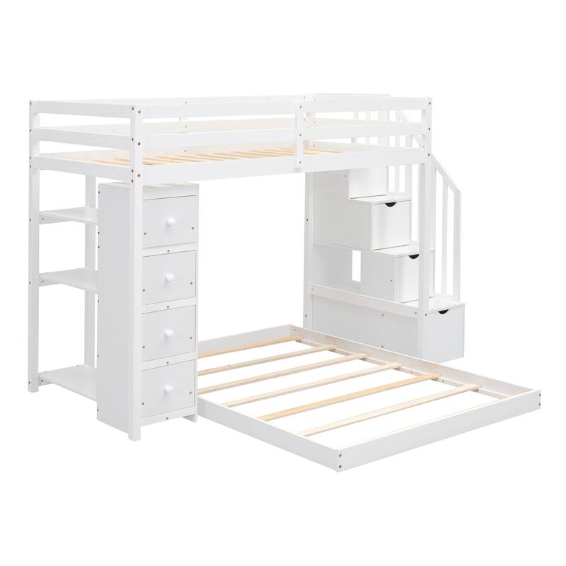 Space-Saving Twin Over Full Bunk Bed with Shelves, Drawers, and Storage Stairs in White