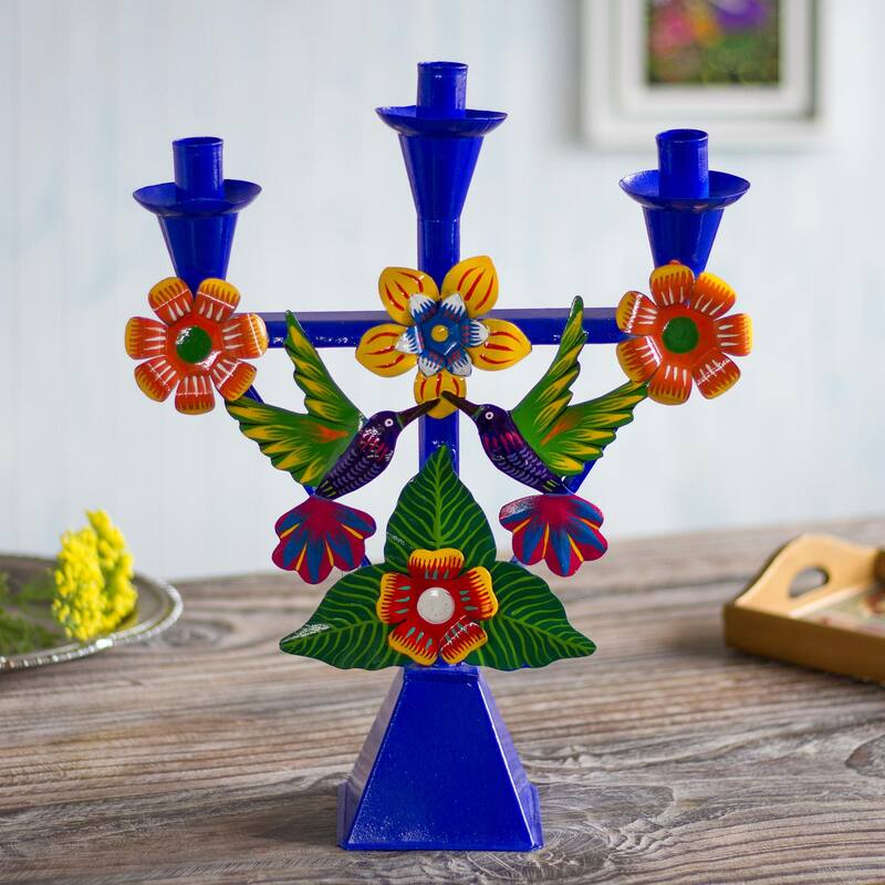 Novica Handmade Hummingbird Temple In Blue Recycled Metal Candelabra