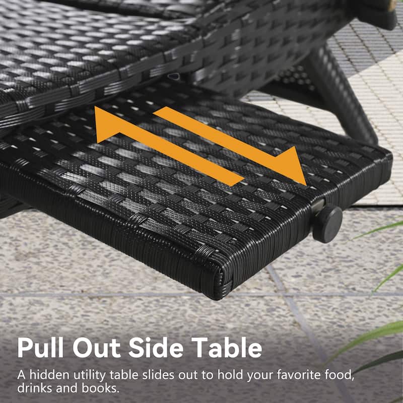 2 Pcs Outdoor Curved Wicker Chaise Lounge Chair, Reclining Chairs with Pull-Out Side Table & Adjustable Backrest