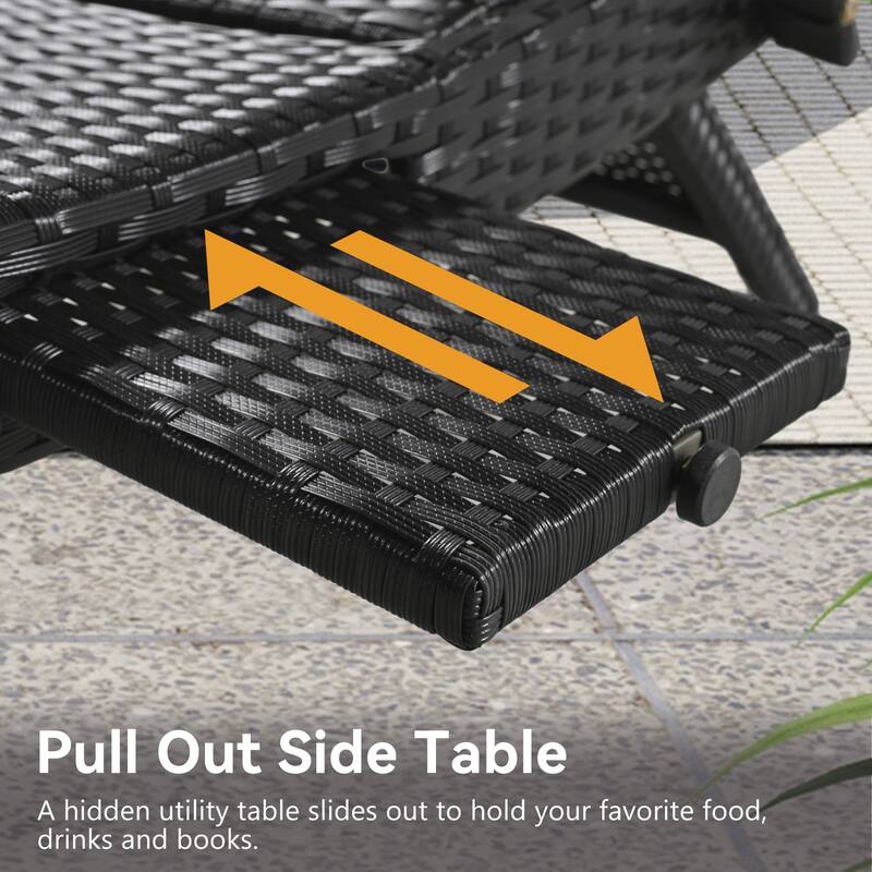 Outdoor Wicker Chaise Lounge w/Adjustable Backrest，Patio Reclining Chair w/Pull-out Side Table