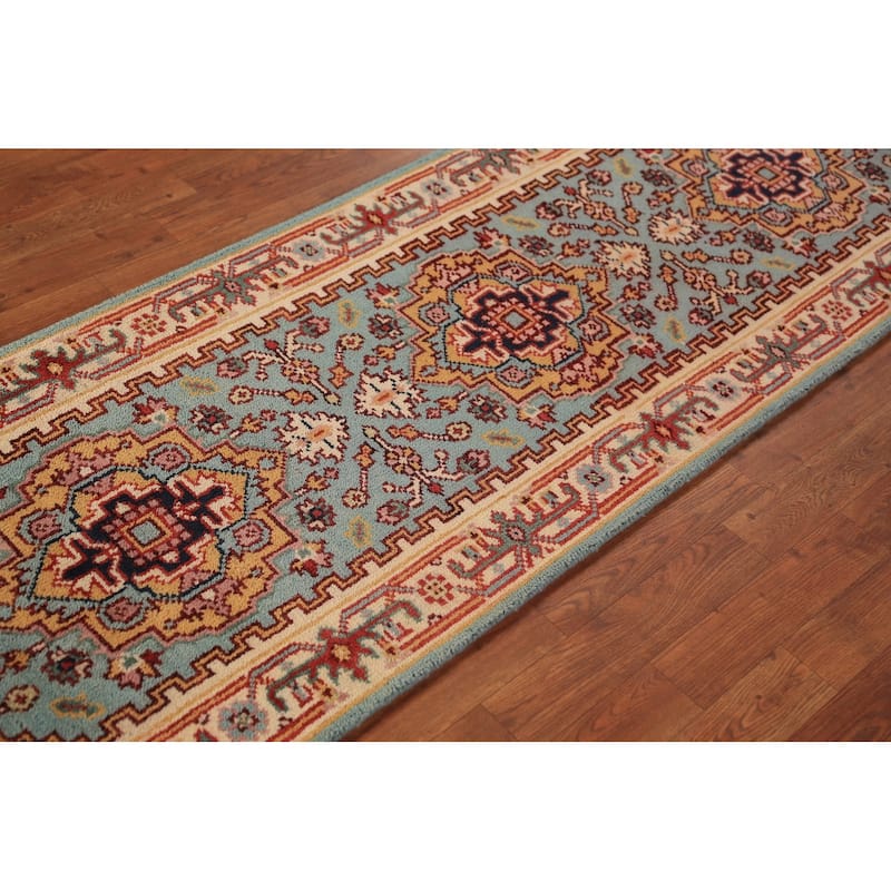 Light Blue Heriz Serapi Indian Runner Rug Hand-Knotted Wool Carpet - 2'5"x 8'0"