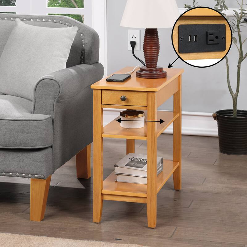 Convenience Concepts American Heritage 1 Drawer Chairside End Table with Charging Station and Shelves