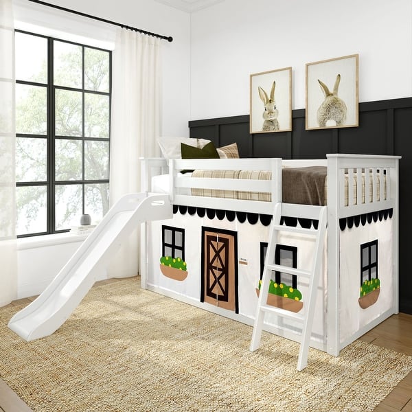 slide 2 of 17, Max and Lily Classic Twin over Twin Low Bunk with Easy Slide and Curtain White