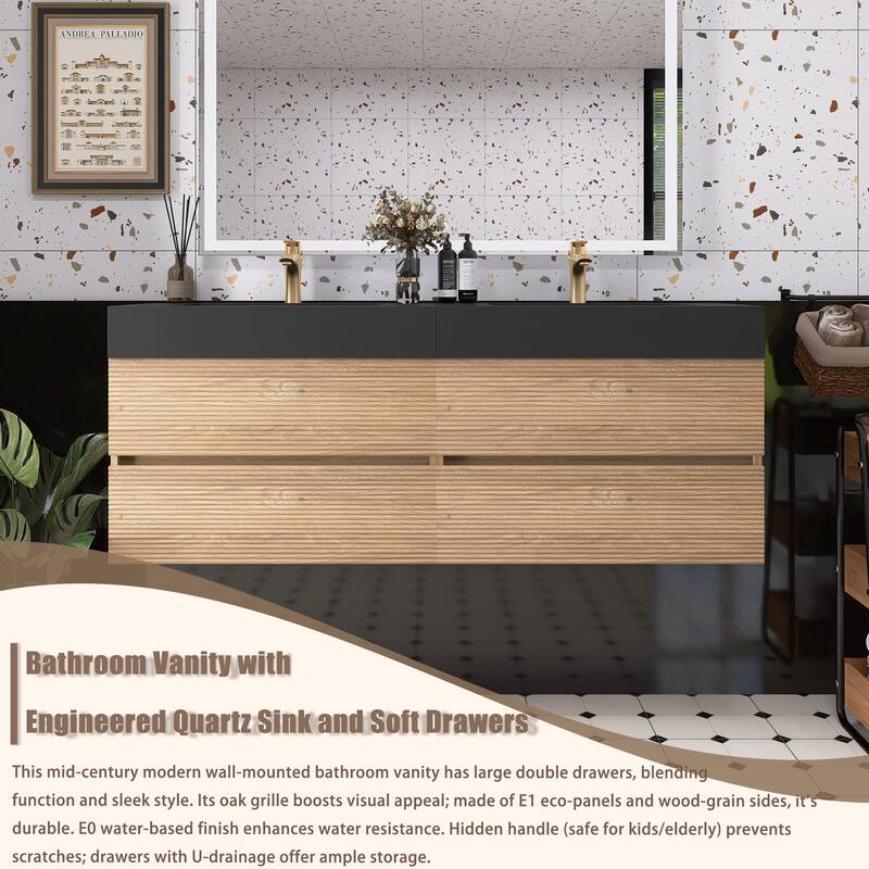 Wall Mounted Bathroom Vanity with Solid Surface Sink and Soft Drawers