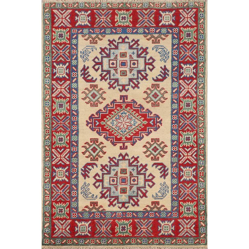 Kazak Foyer Rug Hand-Knotted Oriental Beige Wool Carpet - 2'8" x 4'1"