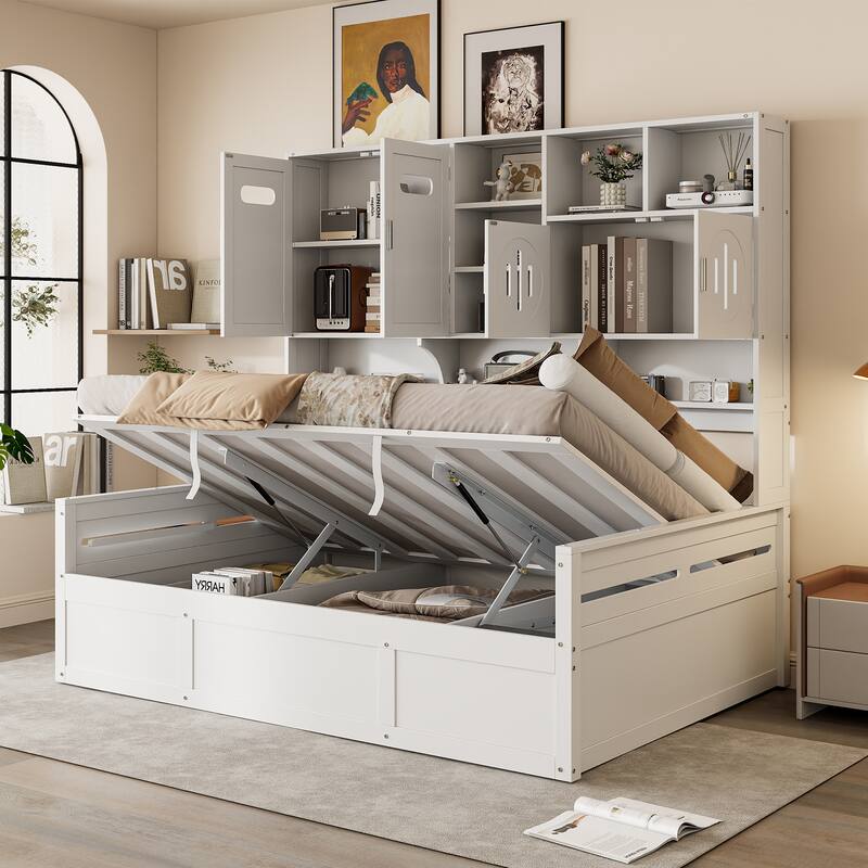 Wooden Daybed Storage Platform Bed with All-in-One Cabinet and Shelf, 10 Slats Multi-Functional Space-Optimizing Bed Frame - White - Full