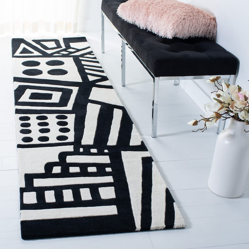 SAFAVIEH Handmade Fifth Avenue Eliina Mid-century Modern Wool Rug - 2'3" x 9' Runner - Ivory/Black