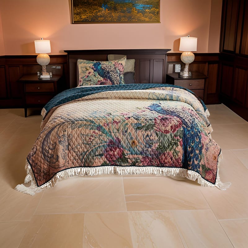 2 Piece Twin Size Quilt Set, Floral Print, Crochet Trim, Multicolor