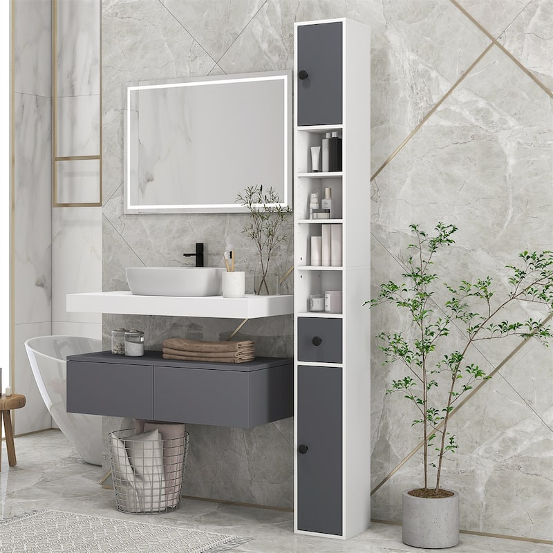 Grey Particle Board Bathroom Cabinet with Shelves, Drawers and Anti-Tip - 7.75" W x 7.75" D x 70.75" H