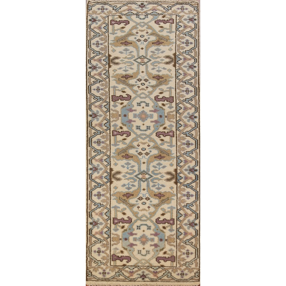 All-Over Floral Oushak Indian Runner Rug Hand-Knotted Wool Carpet - 2'6"x 7'9"
