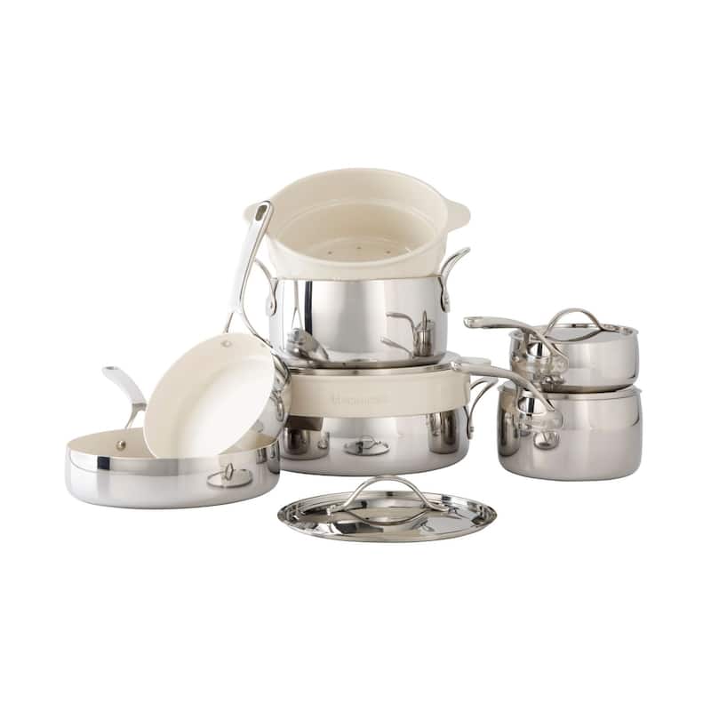 Bloomhouse 12 Piece Triply Stainless Steel Cookware Set w/ Non-Stick Non-Toxic Ceramic Interior and Ceramic Steamer Inserts