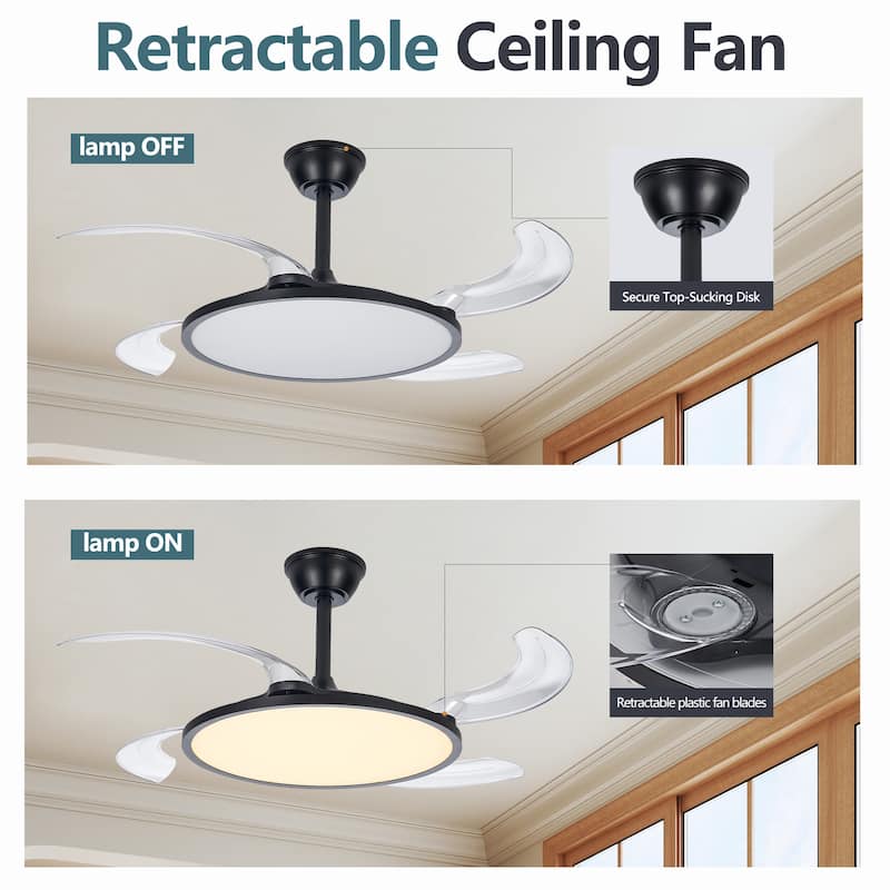 42" White Retractable Ceiling Fan with Light - Remote - Dimmable