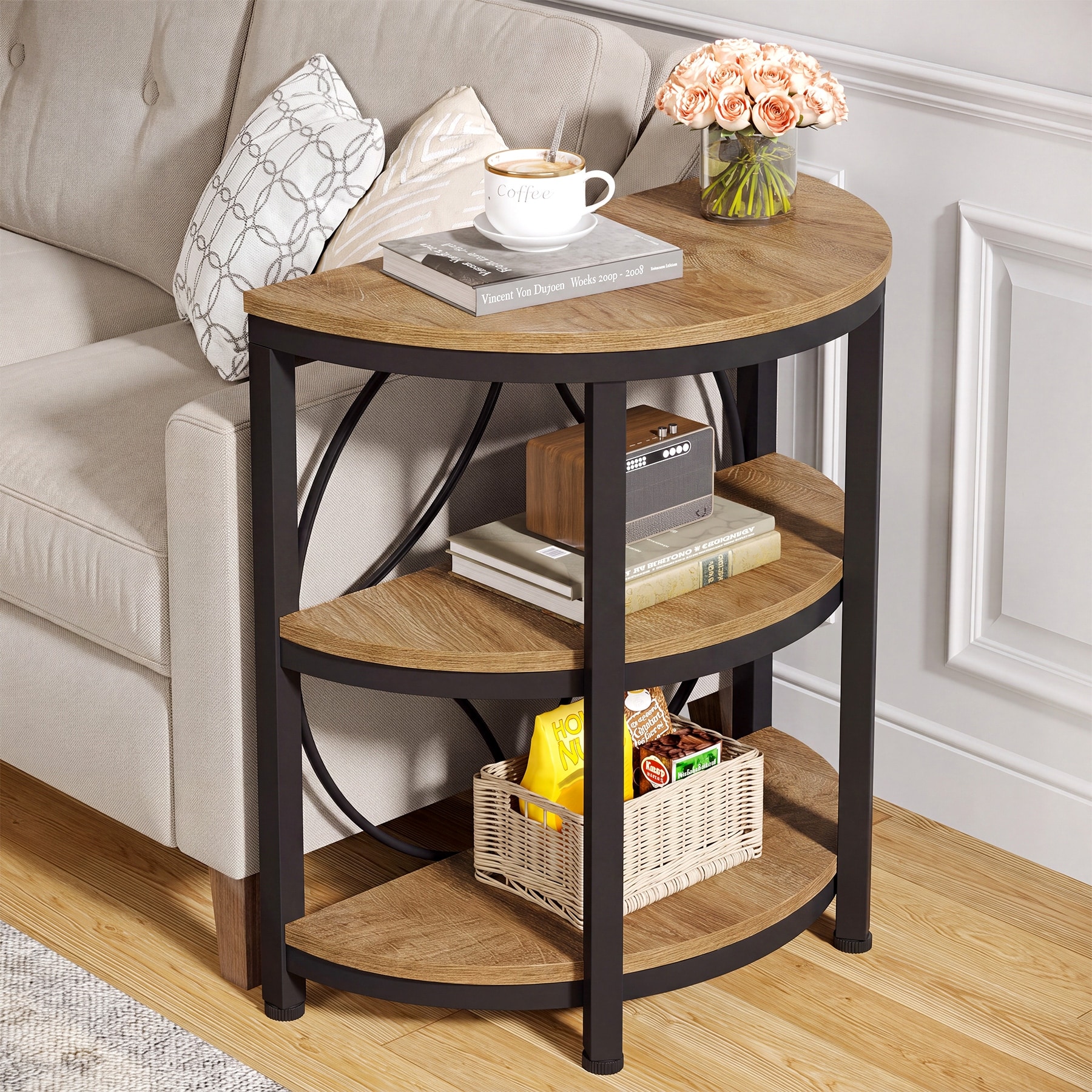 3-Tier Half Round End Table with Storage Shelves & Metal Frame