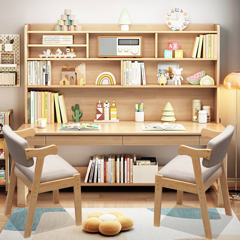 Kids Writing Desk with Chair, Student Study Desk and Bookshelf Set