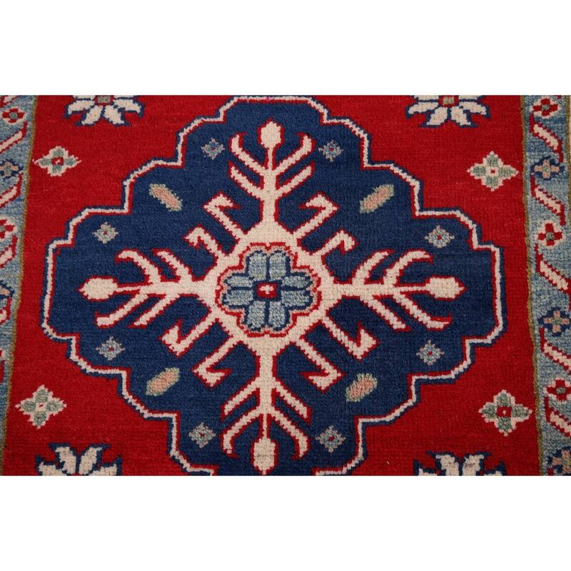 Red Geometric Kazak Accent Rug Handmade Wool Carpet - 2'9" x 4'1"