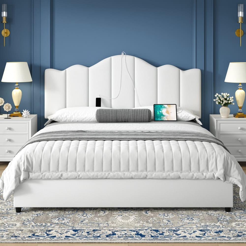 VECELO Platform Bed Frame with Type-C & USB Charging Stations Upholstered Adjustable Headboard Strong Wooden Slats Support