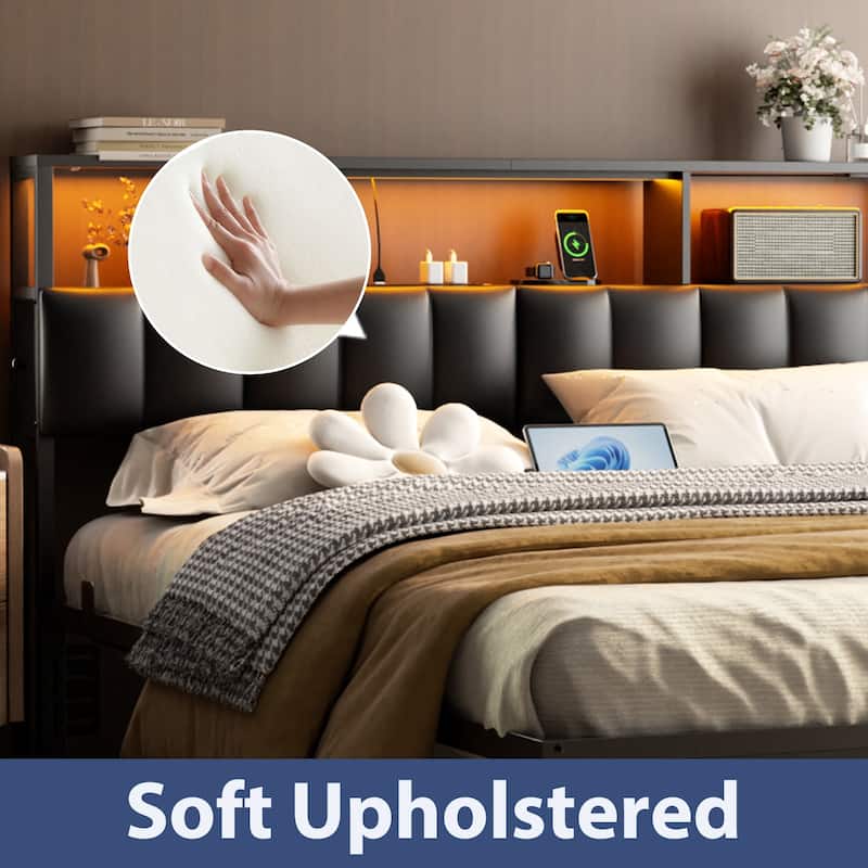 Upholstered Headboard with Hidden Drawer, Head Board with Power Outlet and LED Light