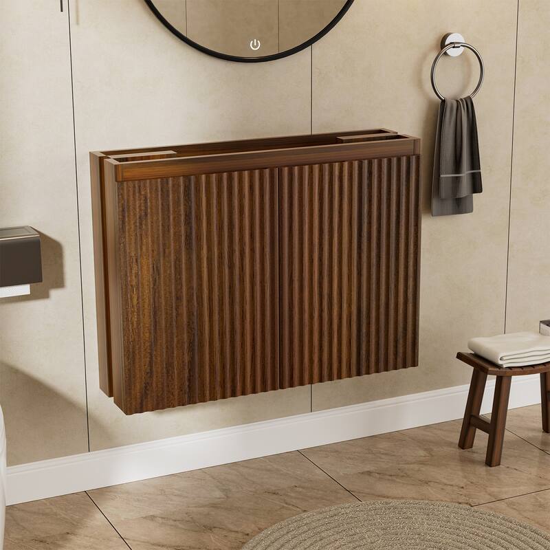 30 inch Walnut Folding Wall Cabinet With Creamic Sink- Patented 1-Minute Install, Space-Saving & Easy Assemble