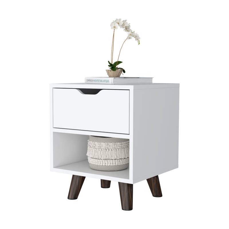 19 Inch Wood Nightstand with Storage Drawer and Open Shelf Bedside Table for Small Spaces