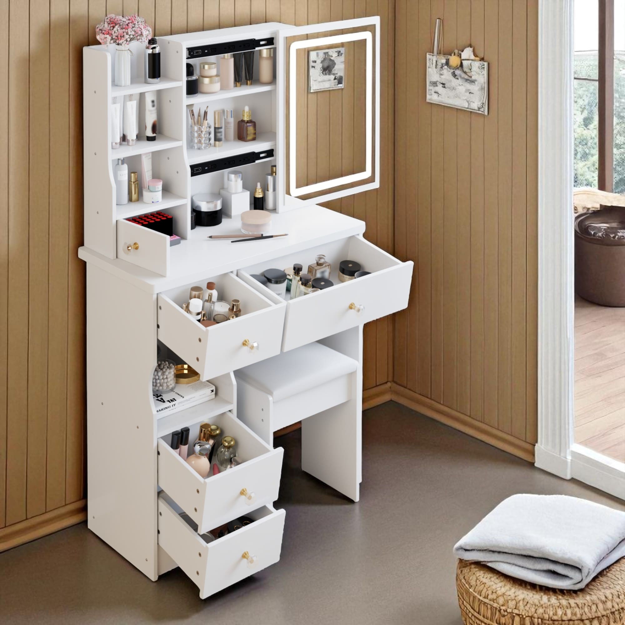 Small Vanity Desk with LED Mirror and Stool, 29.2