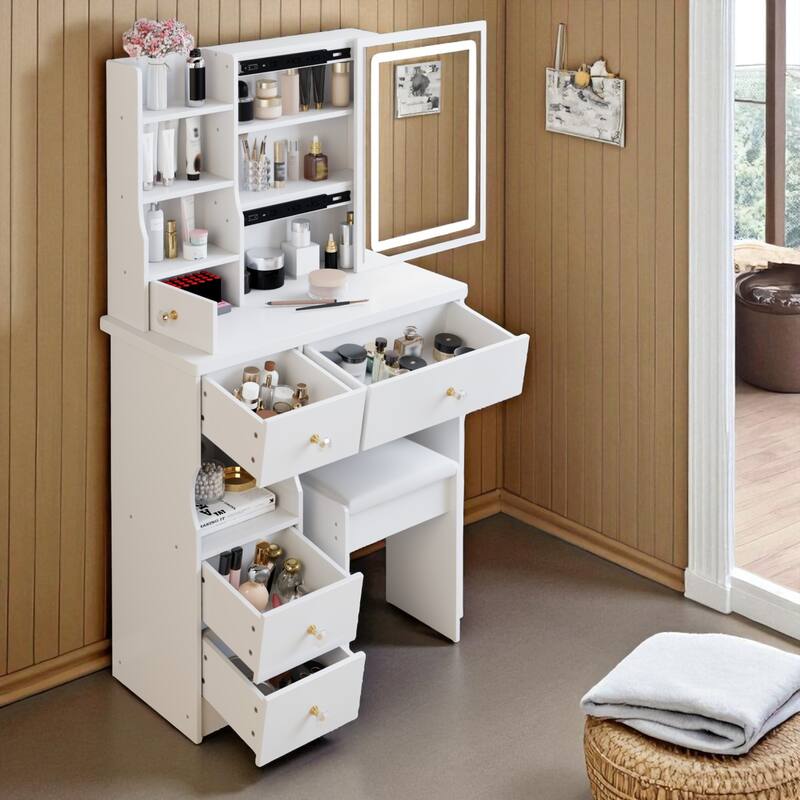 Small Vanity Desk with LED Mirror and Stool, 29.2" Dressing Table with Drawer and Adjustable Lighting
